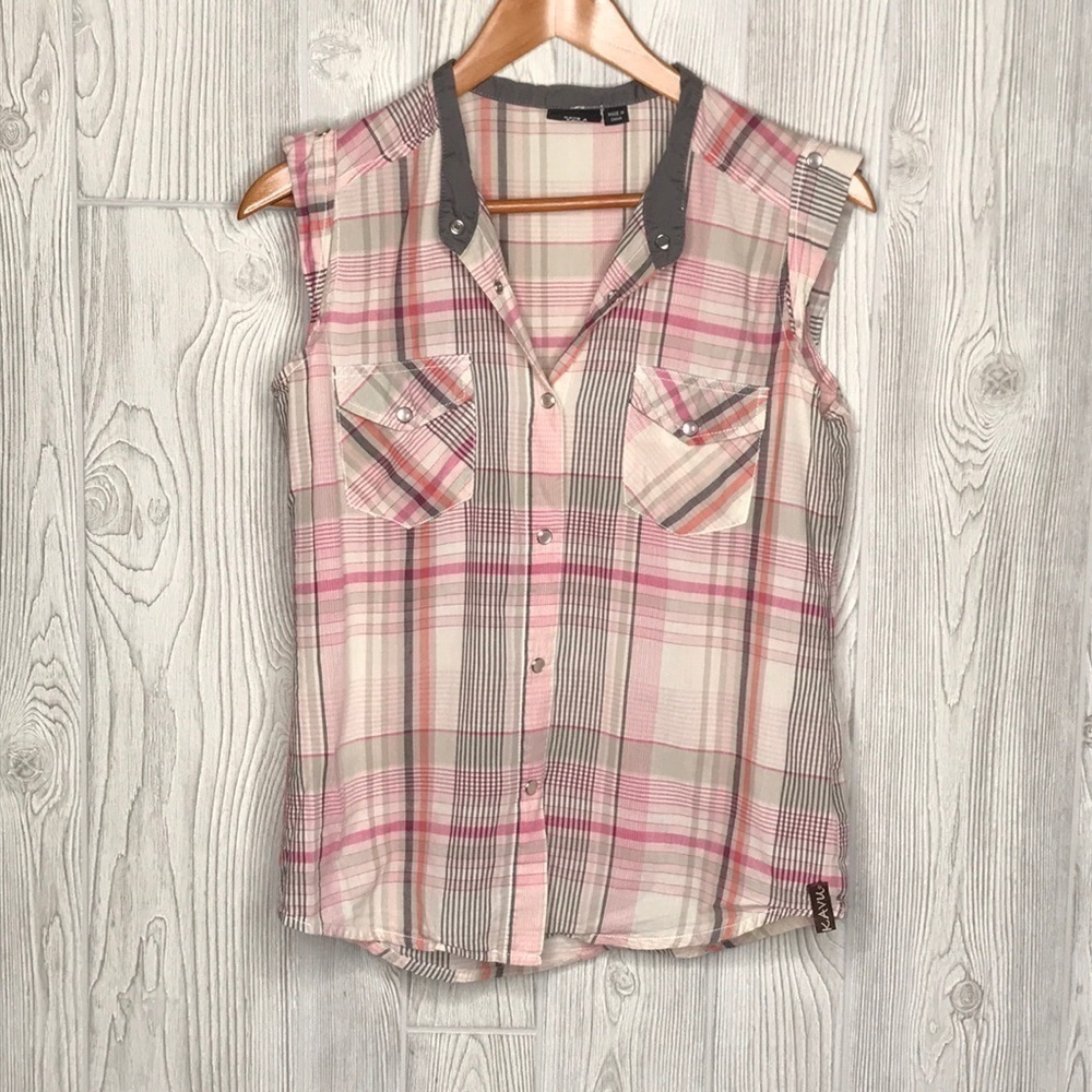 Kavu Sleeveless Plaid Button Up Top